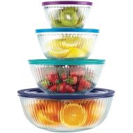 Pyrex 8 Piece Ribbed Bowl (4) Set Including Assorted Colored Locking Lids (Ribbed)