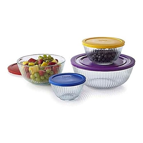  Pyrex 8 Piece Ribbed Bowl (4) Set Including Assorted Colored Locking Lids (Ribbed)