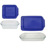 Pyrex Bundle - 4 Items: (1) 222 2qt Glass dish with (1) 222-PC 2qt Blue Lid & (1) 233 3qt Glass Dish with (1) 233-PC 3qt Blue Lid Made in the USA