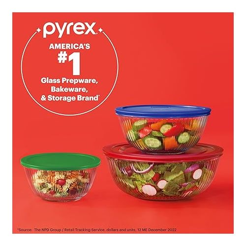  Pyrex Sculpted Large 6-Piece Glass Mixing Bowls, 1.3 QT, 2.3 QT, and 4.5 QT Prepping and Baking Food Storage Set, Dishwasher, Microwave and Freezer Safe