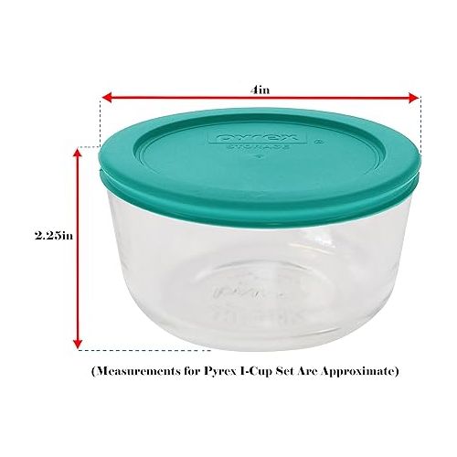  Pyrex (4 7202 1-Cup Glass Bowls and (4) 7202-PC 1-Cup Turquoise Lids Made in the USA