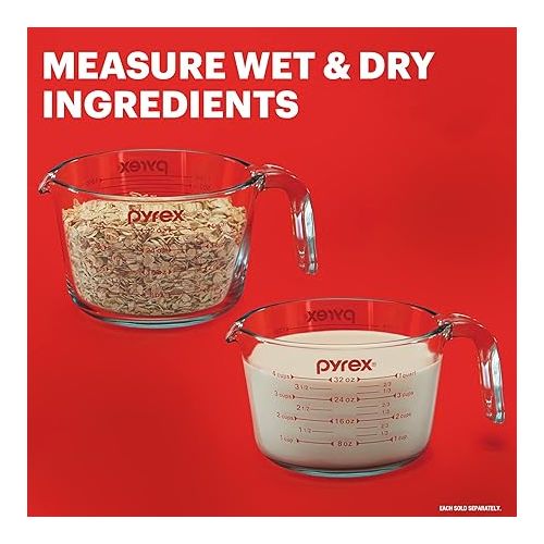  Pyrex 4-Cup Glass Measuring Cup For Baking and Cooking, Dishwasher, Freezer, Microwave, and Preheated Oven Safe, Essential Kitchen Tools