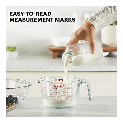  Pyrex 4-Cup Glass Measuring Cup For Baking and Cooking, Dishwasher, Freezer, Microwave, and Preheated Oven Safe, Essential Kitchen Tools
