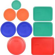 Pyrex (1) 7402-PC 6/7 Red, (2) 7201-PC 4 Cadet Blue, (2) 7200-PC 2 Orange, (1) 7202-PC 1 Green, (2) 7210-PC 3 Light Green, & (1) 7211-PC 6 Red Plastic Lid, Made in USA