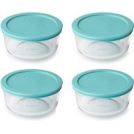 Pyrex Storage 4 Cup Round Dish, Clear with Turquoise Plastic Lids, Pack of 4 Containers