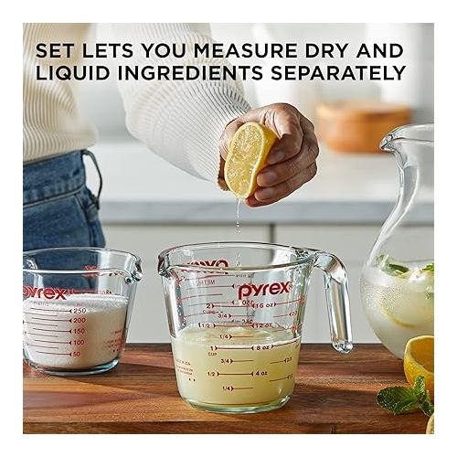  Pyrex 2 Piece Glass Measuring Cup Set, Includes 1-Cup, and 2-Cup Tempered Glass Liquid Measuring Cups, Dishwasher, Freezer, Microwave, and Preheated Oven Safe, Essential Kitchen Tools
