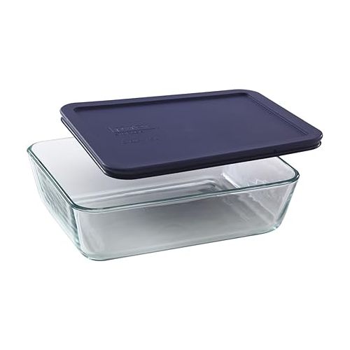  Pyrex 6-cup 7211 Rectangle Glass Food Storage Containers with Blue Plastic Lids - 4 Pack Made in the USA