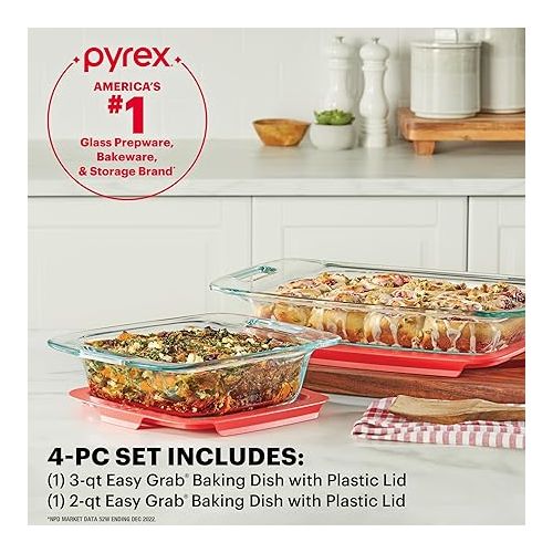  Pyrex 4-Piece Extra Large Glass Baking Dish Set With Lids and Handles, Oven and Freezer Safe