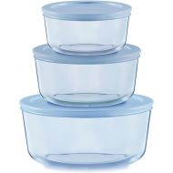 Pyrex Colors (3-Pack, Medium) Tinted Glass Round Food Storage Container Set, Snug Fit Non-Toxic Plastic BPA-Free Lids, Freezer Dishwasher Microwave Safe, 2 Cup, 4 Cup & 7 Cup, Blue