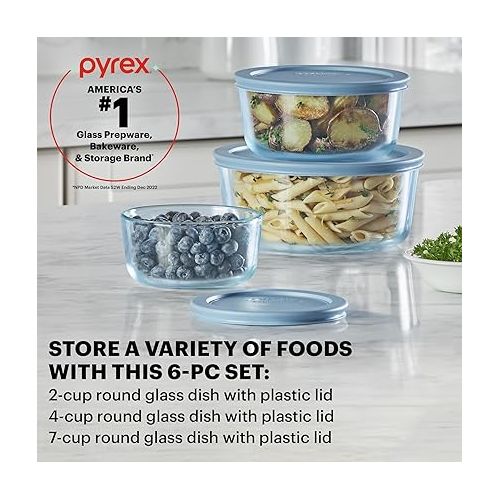 Pyrex Colors (3-Pack, Medium) Tinted Glass Round Food Storage Container Set, Snug Fit Non-Toxic Plastic BPA-Free Lids, Freezer Dishwasher Microwave Safe, 2 Cup, 4 Cup & 7 Cup, Blue