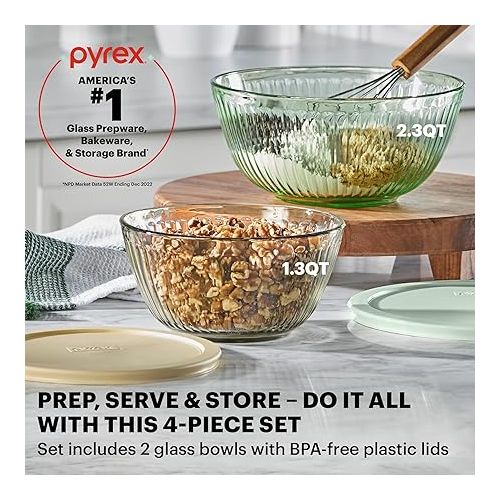  Pyrex Sculpted Tinted 4-PC, Small/Medium Glass Mixing Bowls With Lids, Nesting Space Saving Set of Bowls For Prepping and Baking, 1.3QT & 2.3QT