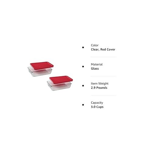  Pyrex 3-Cup Rectangle Food Storage, Pack of 2 Containers, Box of 2, Clear, Red Cover