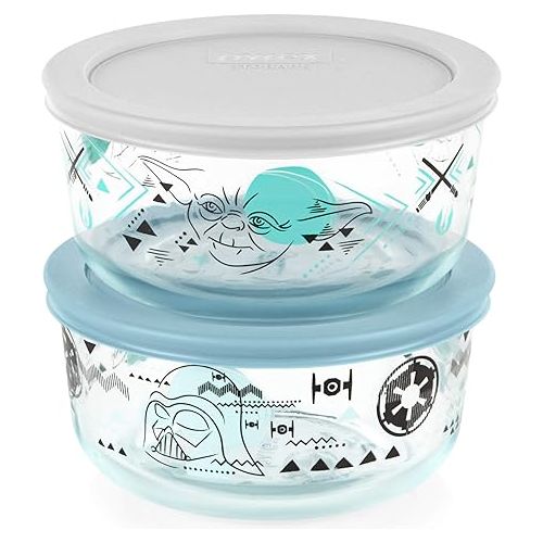  Pyrex 8-Pc Glass Food Storage Container Set, 4-Cup & 3-Cup Decorated Round Meal and Rectangle Prep Containers, Non-Toxic, BPA-Free Lids, Disney's Star Wars