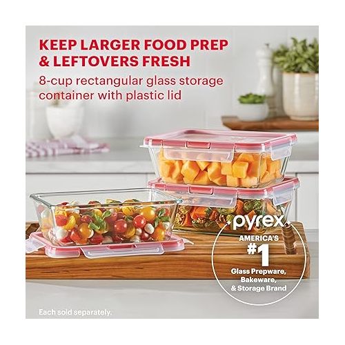  Pyrex Freshlock Glass Food Storage Container, Airtight & Leakproof Locking Lids, Freezer Dishwasher Microwave Safe, 8 Cup