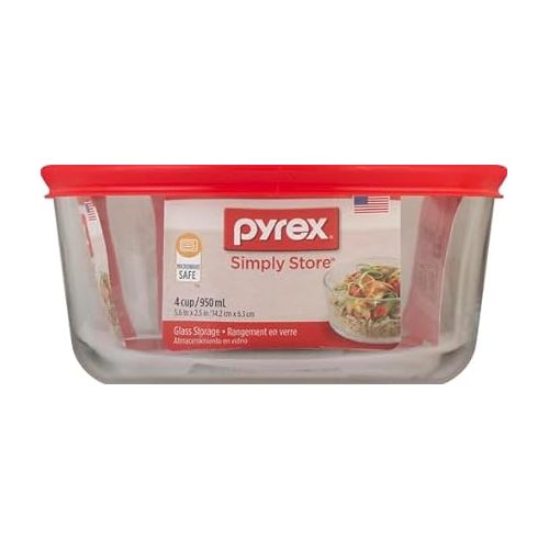  Pyrex Simply Store 4-Cup Single Glass Food Storage Container with Lid, Non-Pourous Glass Round Meal Prep Container with Lid, BPA-Free Lid, Dishwasher, Microwave, Oven and Freezer Safe
