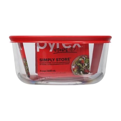  Pyrex Simply Store 4-Cup Single Glass Food Storage Container with Lid, Non-Pourous Glass Round Meal Prep Container with Lid, BPA-Free Lid, Dishwasher, Microwave, Oven and Freezer Safe