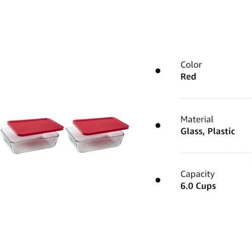  Pyrex 6-cup 7211 Rectangle Glass Food Storage Containers with Red Plastic Lids - 2 Pack Made in the USA