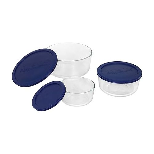  Pyrex Simply Store 6-Pc Glass Food Storage Set with BPA-Free Lids, 7-Cup to 2-Cup Round Containers, Dishwasher, Microwave & Freezer Safe, Blue
