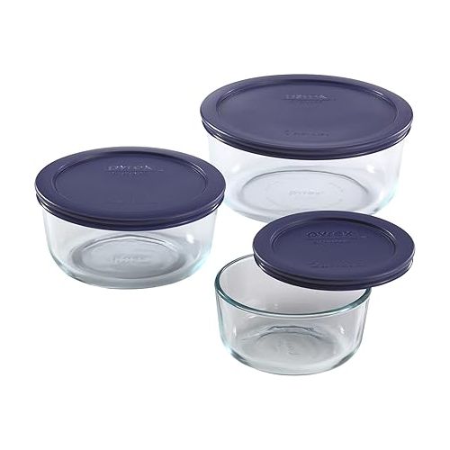  Pyrex Simply Store 6-Pc Glass Food Storage Set with BPA-Free Lids, 7-Cup to 2-Cup Round Containers, Dishwasher, Microwave & Freezer Safe, Blue