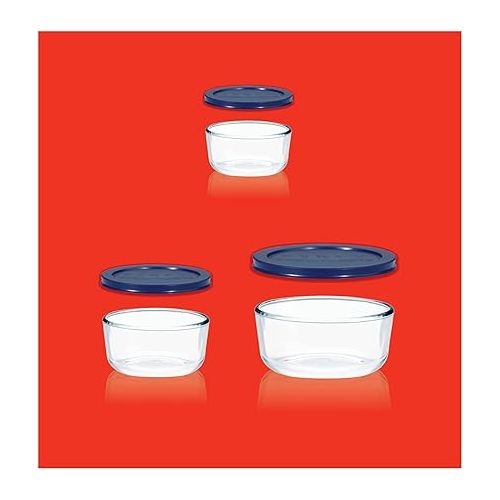  Pyrex Simply Store 6-Pc Glass Food Storage Set with BPA-Free Lids, 7-Cup to 2-Cup Round Containers, Dishwasher, Microwave & Freezer Safe, Blue