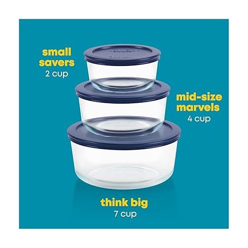  Pyrex Simply Store 6-Pc Glass Food Storage Set with BPA-Free Lids, 7-Cup to 2-Cup Round Containers, Dishwasher, Microwave & Freezer Safe, Blue