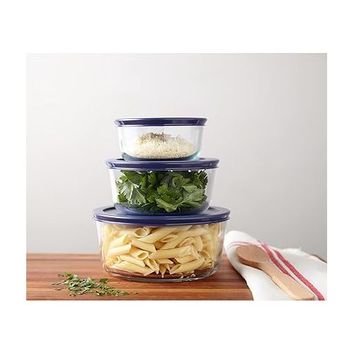  Pyrex Simply Store 6-Pc Glass Food Storage Set with BPA-Free Lids, 7-Cup to 2-Cup Round Containers, Dishwasher, Microwave & Freezer Safe, Blue