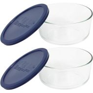 Pyrex Storage 4-Cup Round Dish with Dark Blue Plastic Cover, Clear (Pack of 2 Containers)