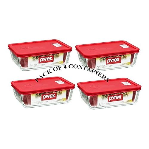  PYREX Containers Simply Store 6-cup Rectangular Glass Food Storage Red Plastic Covers ... (Pack of 4 Containers) Made in the USA