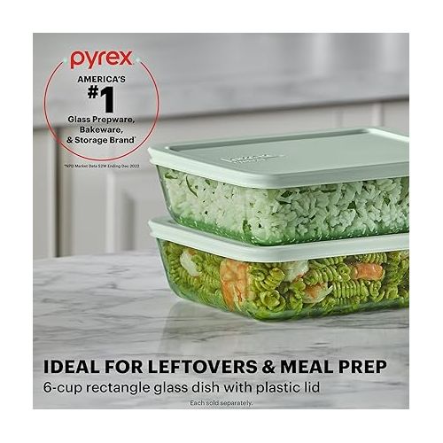  Pyrex Tinted (6 Cup) Large Rectangular Food Storage Container, Snug Fit Non-Toxic Plastic BPA-Free Lids, Freezer Dishwasher Microwave Safe