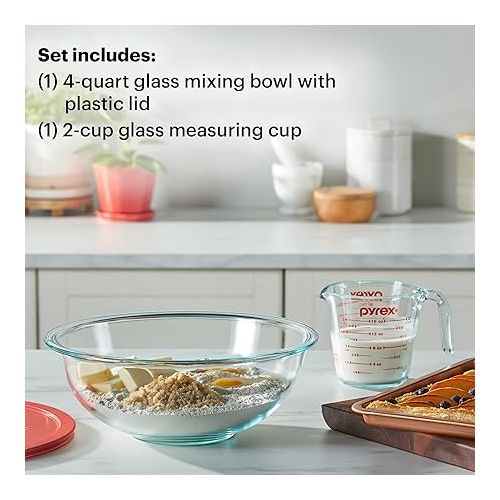  Pyrex Smart Essentials 3-Piece Glass Prep Set, 4-QT Glass Mixing Bowl with lid and 2-Cup Measuring Cup, Dishwasher, Microwave and Freezer Safe, Essential Kitchen Tools