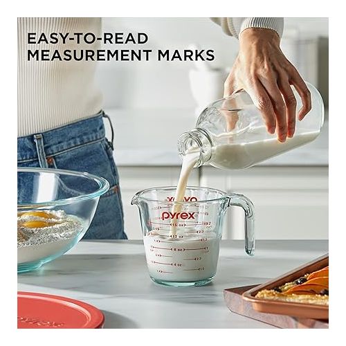  Pyrex Smart Essentials 3-Piece Glass Prep Set, 4-QT Glass Mixing Bowl with lid and 2-Cup Measuring Cup, Dishwasher, Microwave and Freezer Safe, Essential Kitchen Tools