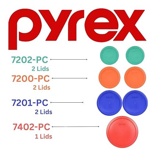  Pyrex (2) 7202-PC 1-Cup, (2) 7200-PC 2-Cup, (2) 7201-PC 4-Cup, & (1) 7402-PC 6/7-CupFood Storage Plastic Replacement Lid - Made in the USA