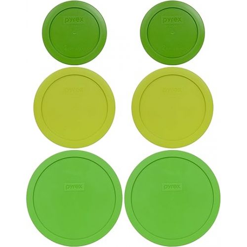  Pyrex (2) 7402-PC Green 7 Cup, (2) 7201-PC Edamame Green 4 Cup, & (2) 7200-PC Lawn Green 2 Cup Plastic Storage Lids, Made in USA