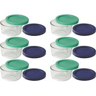 Pyrex Storage 1 Cup Round Dish, Clear with Green + Blue, Pack of 6, Lids