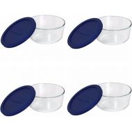 Pyrex Storage Plus 7-cup Round Glass Food Storage Dish Blue Plastic Covers (Pack of 4 Containers) Made in the USA