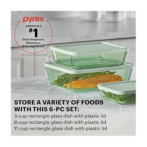  Pyrex Tinted (6-PC Large) Medium/Large Rectangle Food Storage Container Set, Snug Fit Non-Toxic Plastic BPA-Free Lids, Freezer Dishwasher Microwave Safe, 3 Cup, 6 Cup & 11 Cup