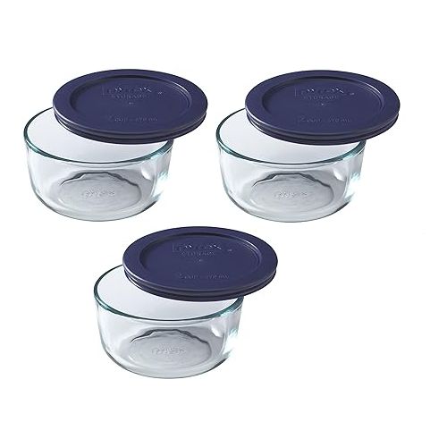  Pyrex Blue (2-Cup Pack of 3) Storage Round Dish with Dark Plastic Cover, Clear