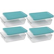 Pyrex Basics Clear Glass Food Storage Dishes, 4 (3-Cup) Oblong Dishes with Turquoise Plastic Lids Made in the USA