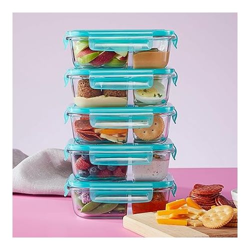  Pyrex Mealbox 10-Pc Bento Box Set, 2.3-Cup Divided Glass Food Storage Containers Set, Non-Toxic, BPA-Free Latching Lids, Freezer, Microwave and Top-Rack Dishwasher Safe, Compartment Bento Lunch Box