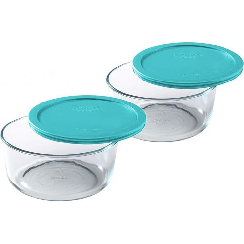  Pyrex Simply Store 7-Cup Round Glass Food Storage Dish, Turquoise Cover, 2 Pack