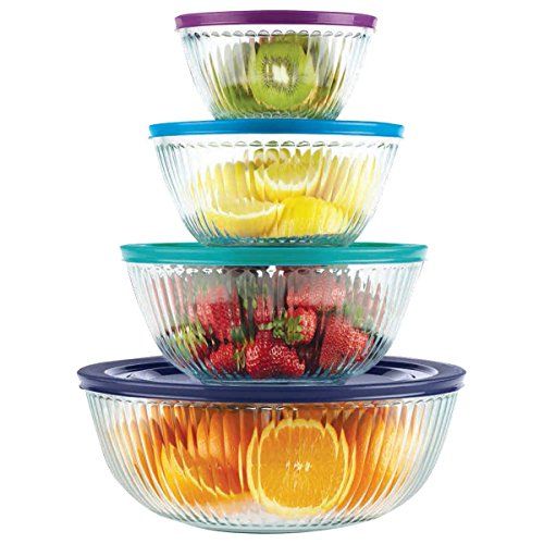  Pyrex 8-piece 100 Years Glass Mixing Bowl Set (Limited Edition) - Assorted Colors Lids: Kitchen & Dining