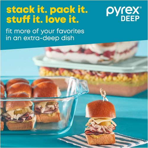  Pyrex Deep Glass Baking Dish Set with Lids Up to 50% Deeper than Pyrex Basics 6 Piece Bakeware Set Containers Measure 13x9in, 7x11in, and 8x8in BPA Free Lids Proudly Made in the US