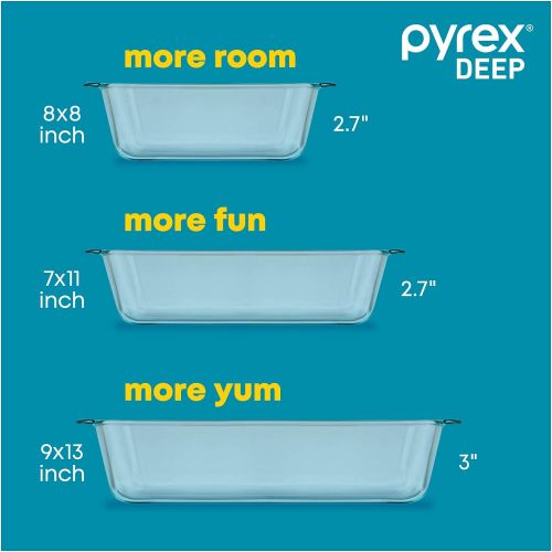  Pyrex Deep Glass Baking Dish Set with Lids Up to 50% Deeper than Pyrex Basics 6 Piece Bakeware Set Containers Measure 13x9in, 7x11in, and 8x8in BPA Free Lids Proudly Made in the US