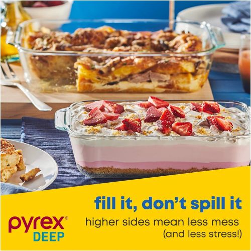  Pyrex Deep Glass Baking Dish Set with Lids Up to 50% Deeper than Pyrex Basics 6 Piece Bakeware Set Containers Measure 13x9in, 7x11in, and 8x8in BPA Free Lids Proudly Made in the US