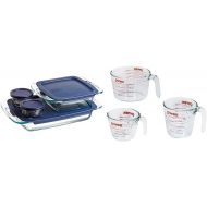 Pyrex Grab Glass Bakeware and Food Storage Set, 8-Piece, Clear & Glass Measuring Cup Set (3-Piece, Microwave and Oven Safe),Clear