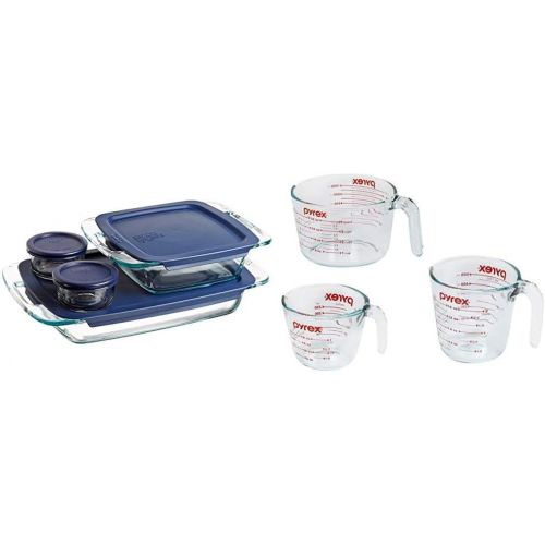  Pyrex Grab Glass Bakeware and Food Storage Set, 8-Piece, Clear & Glass Measuring Cup Set (3-Piece, Microwave and Oven Safe),Clear