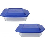 Pyrex (2) 222 Square Glass Baking Dishes & (2) 222-PC Blue Lids