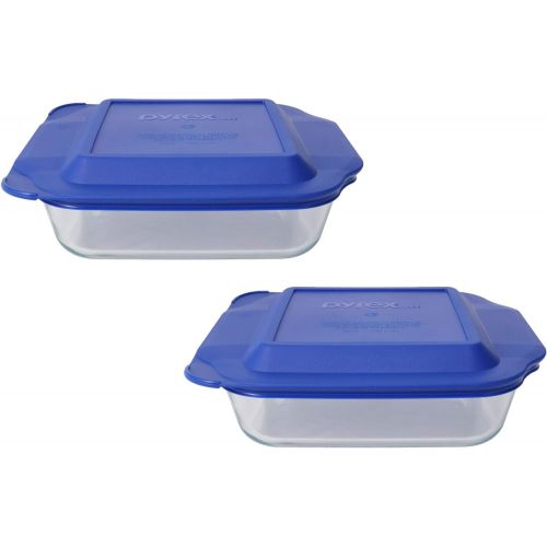  Pyrex (2) 222 Square Glass Baking Dishes & (2) 222-PC Blue Lids