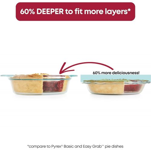  Pyrex Clear Tempered Glass Pie Baking Dishes Set of Two 9.5 Deep, 60% Deeper than Pyrex Basic Wide Handles for Extra Grip while Cooking & Baking Doesnt Absorb Food Odors and Stains