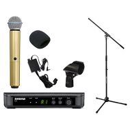 Q.Q. Ship Shure BLX24/SM58-H9 Wireless Vocal System Bundle with SM58 Handheld Microphone, WA713 Colored Handle, Boom Microphone Stand, & Windscreen (Gold Handle)